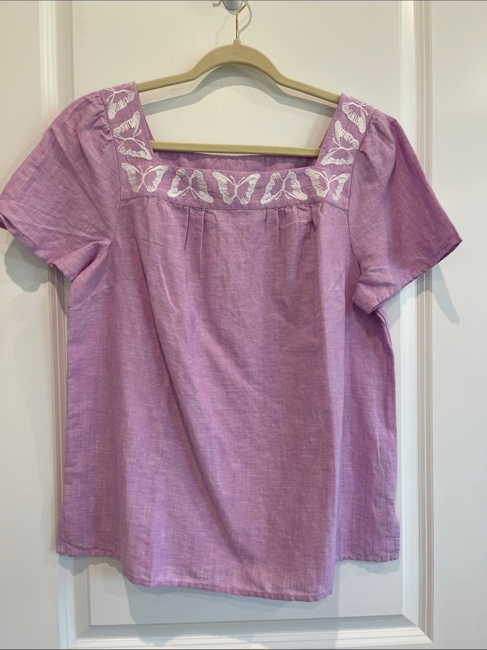 NWT Talbots Lavender Square Neck Butterfly Embroidered Top